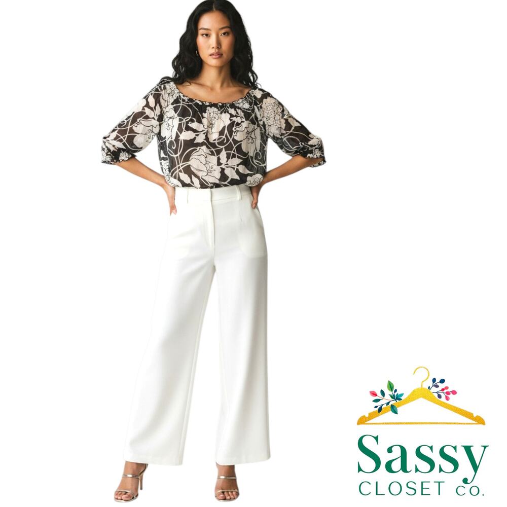 WHBM 100% Silk Floral Blouse M Smocked Off Shoulder Top Black White EUC